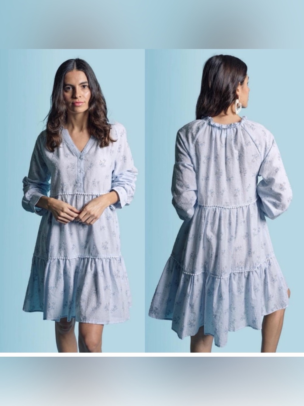 The Shirt by Rochelle Behrens XS blue eyelet long sleeve mini tiered dress - Picture 2 of 7